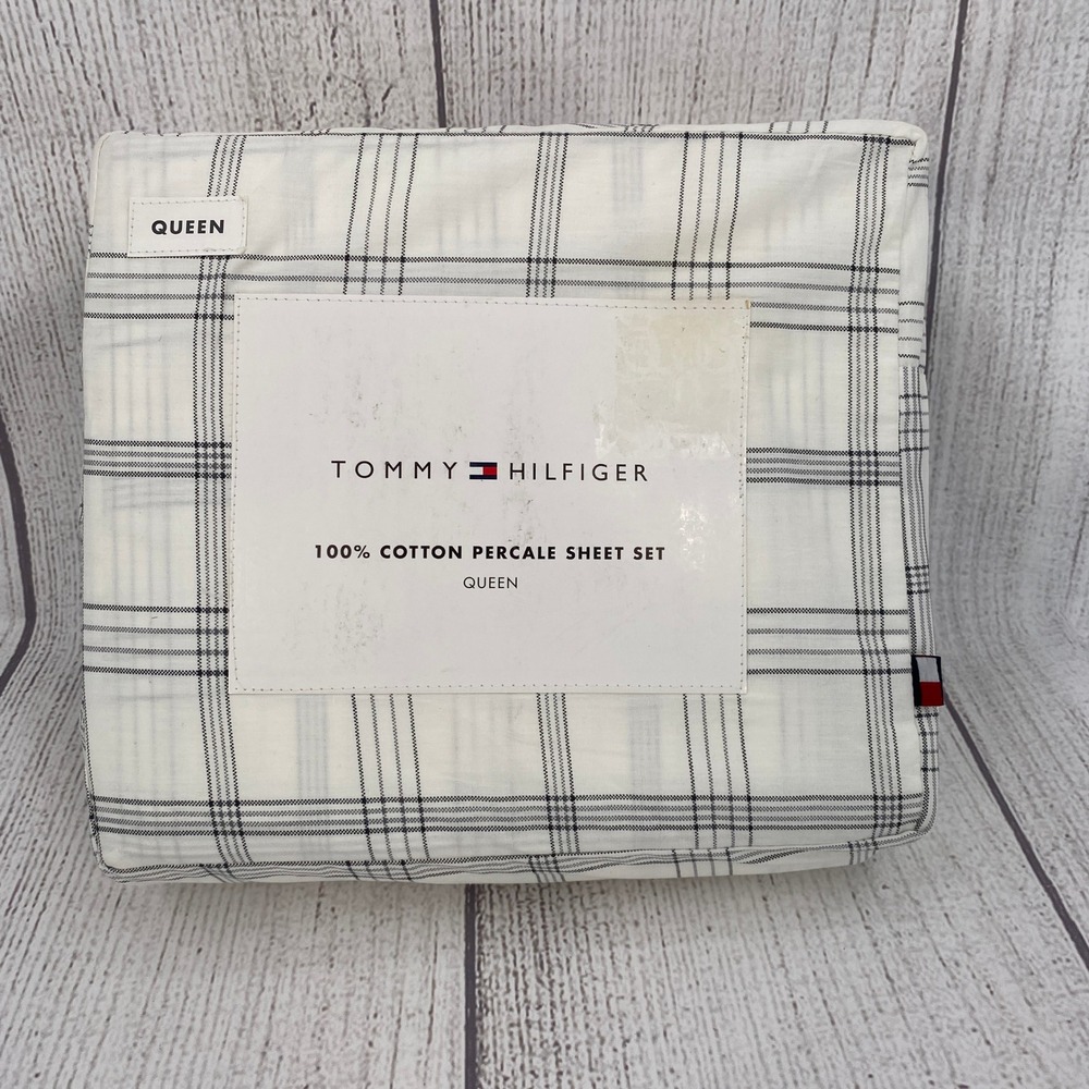 Tommy Hilfiger Sheet Set Queen White Grey Leicester Plaid 100% Cotton Percale
